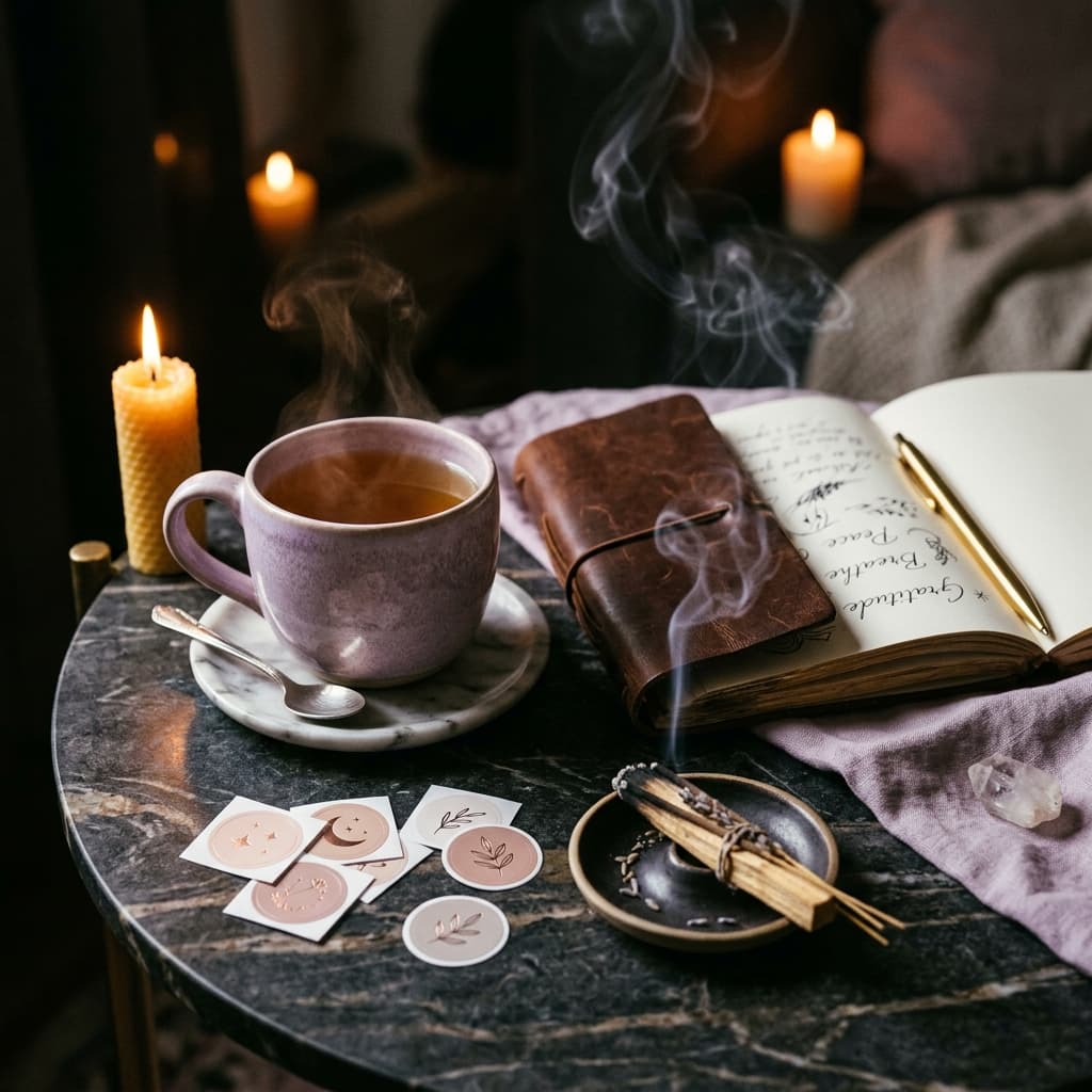 PerfectNow self-care ritual — tea, journal, incense