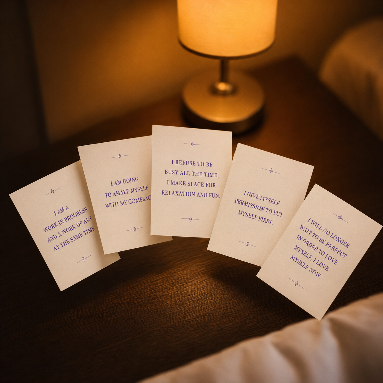 Five cream affirmation cards fanned across a dark wooden bedside table