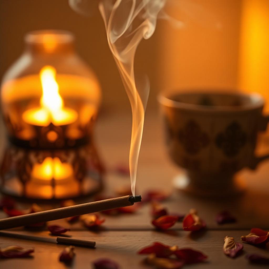 Incense burning gently beside a dim lamp and tea cup with scattered petals