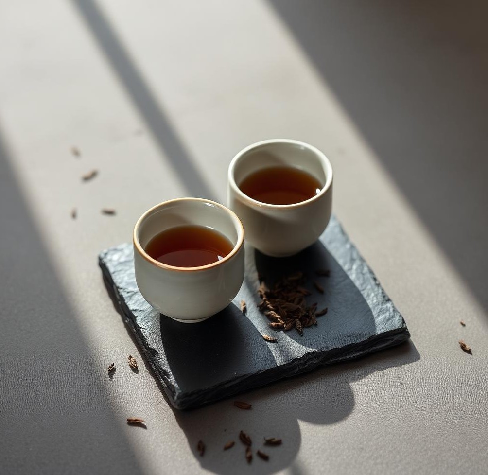 Two Japanese-style tea cups on slate with scattered loose tea leaves